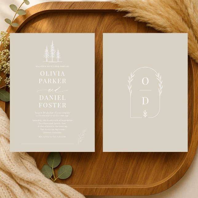 Convite Rustic Forest Taupe Beige Line Art  Wedding (Criador carregado)