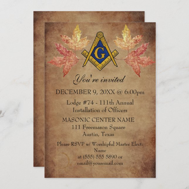 Convite Rustic Freemason Masonry Autumn Fall Masonic (Frente/Verso)