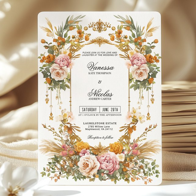 Convite Rustic Garden Estate Blush Gold Floral Wedding  (Criador carregado)