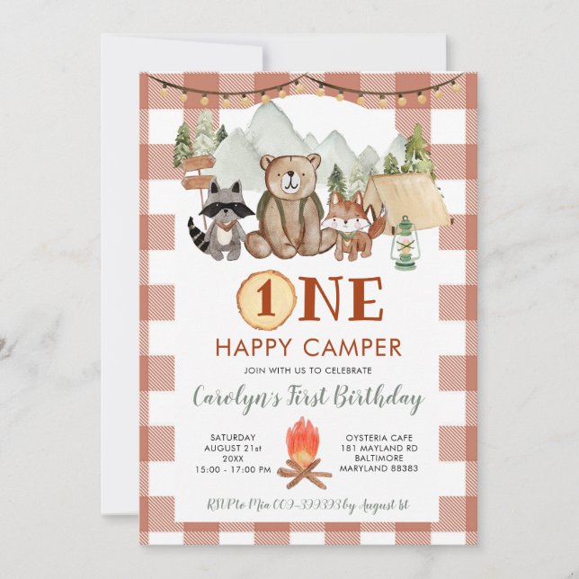 Convite Rustic Gingham One Happy Camper Primeiro Aniversár (Frente)