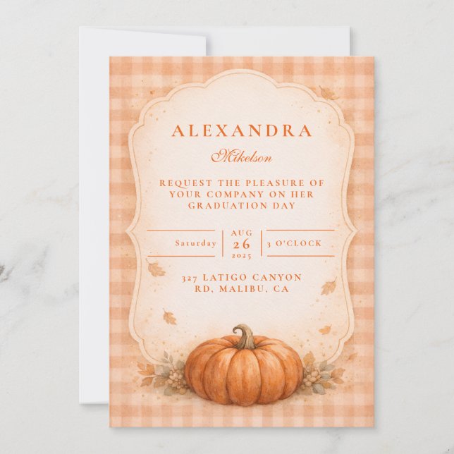 Convite Rustic Gingham Pumpkin Fall Graduation (Frente)
