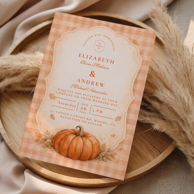 Convite Rustic Gingham Pumpkin Fall Wedding (Criador carregado)