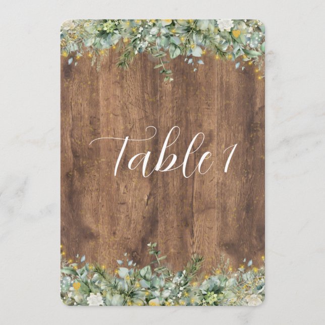 Convite Rustic Gold Eucalyptus & White Floral Table Number (Frente)