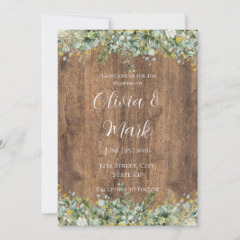Convite Rustic Gold Eucalyptus & White Floral Wood Wedding