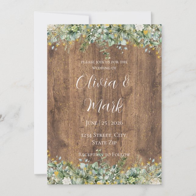 Convite Rustic Gold Eucalyptus & White Floral Wood Wedding (Frente)