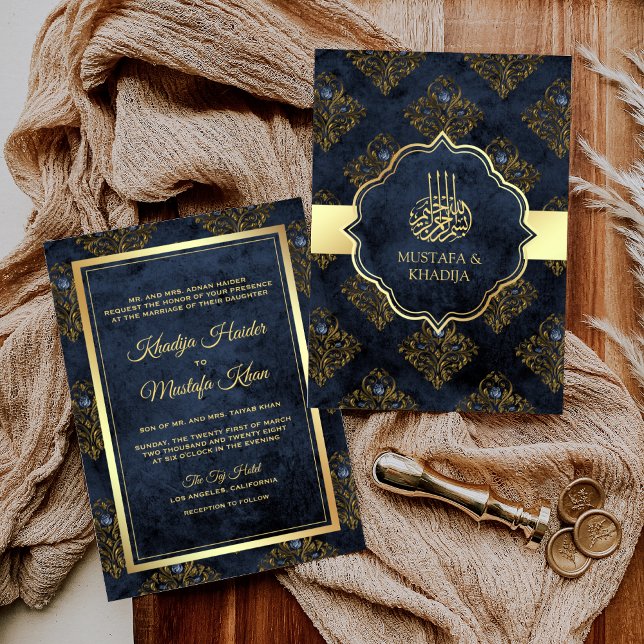 Convite Rustic Gold Navy Blue Damask Muslim Wedding (Criador carregado)