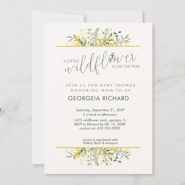 Convite Rustic Golden Frame Wildflower on Way  Baby Shower (Frente)