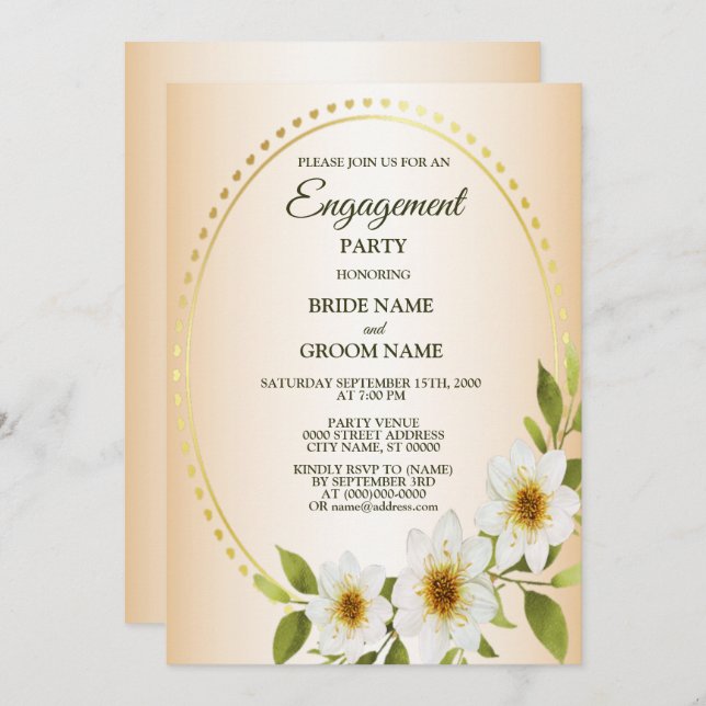Convite Rustic Golden White Floral Peach Engagement Party (Frente/Verso)