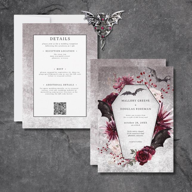 Convite Rustic Gótica Black Burgundy Halloween Dois Lados (Rustic Gothic Black Burgundy Halloween All In One Invitation)