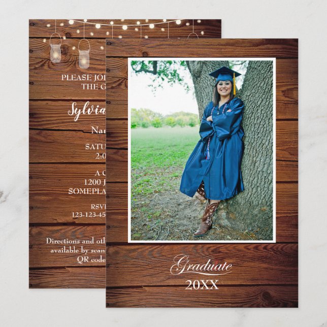 Convite Rustic Graduation Party Invitation string lights (Frente/Verso)