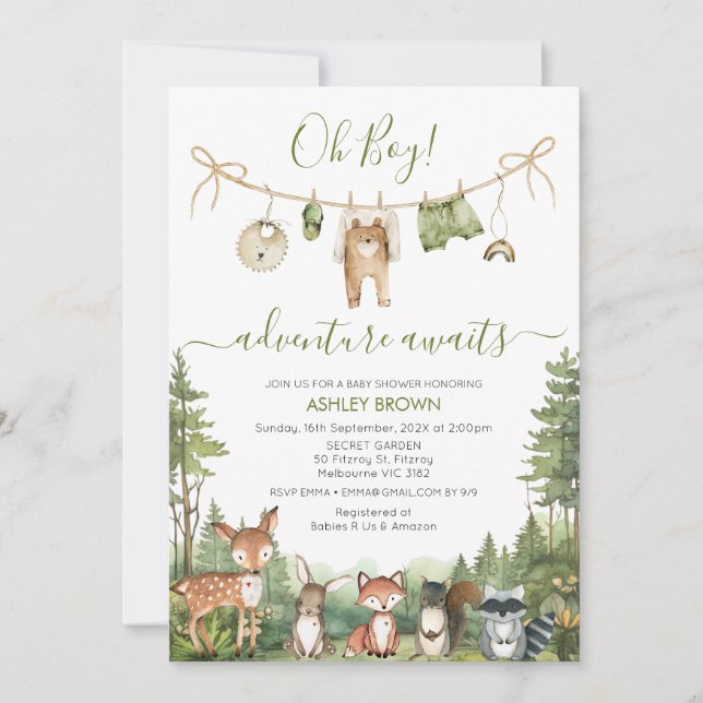 Convite Rustic Green Adventure Awaits Baby Shower  (Frente)