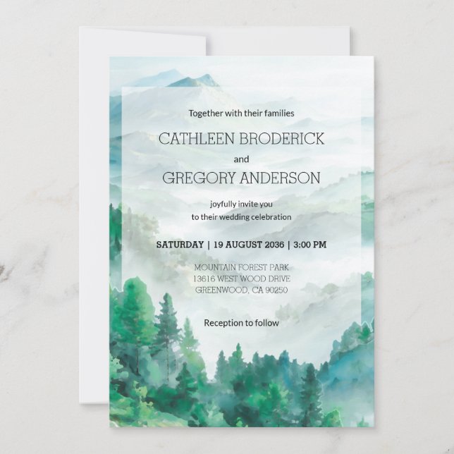 Convite Rustic Green and White Watercolor Mountain Wedding (Frente)