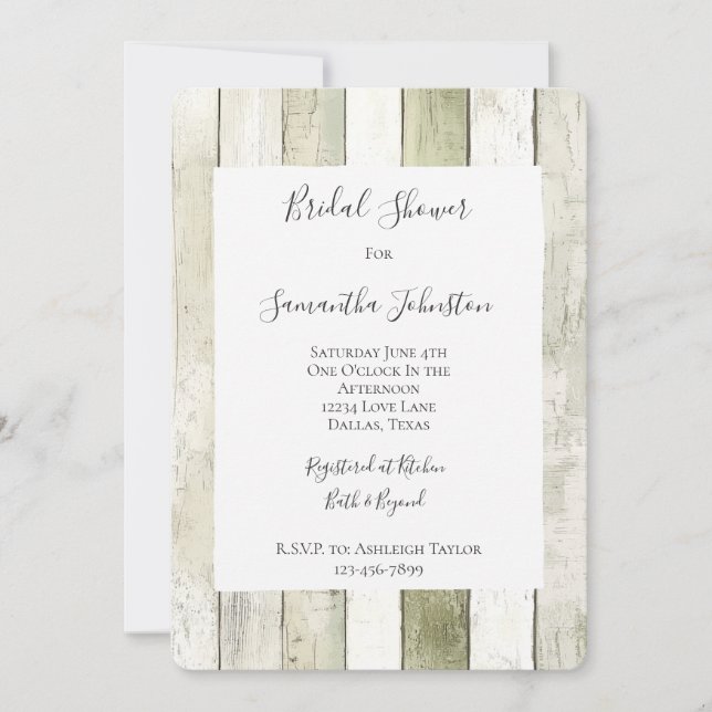 Convite Rustic Green White Faux Wood Bridal Shower (Frente)