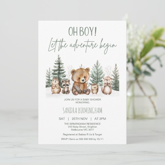Convite Rustic Green Woodland Adventure Begin Baby Shower (Em pé/Frente)