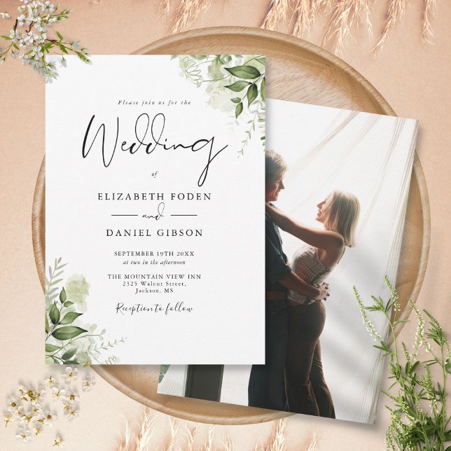 Convite Rustic Greenery deixa casamento de fotos elegante (Rustic Greenery Leaves Elegant Photo Wedding Invitation)