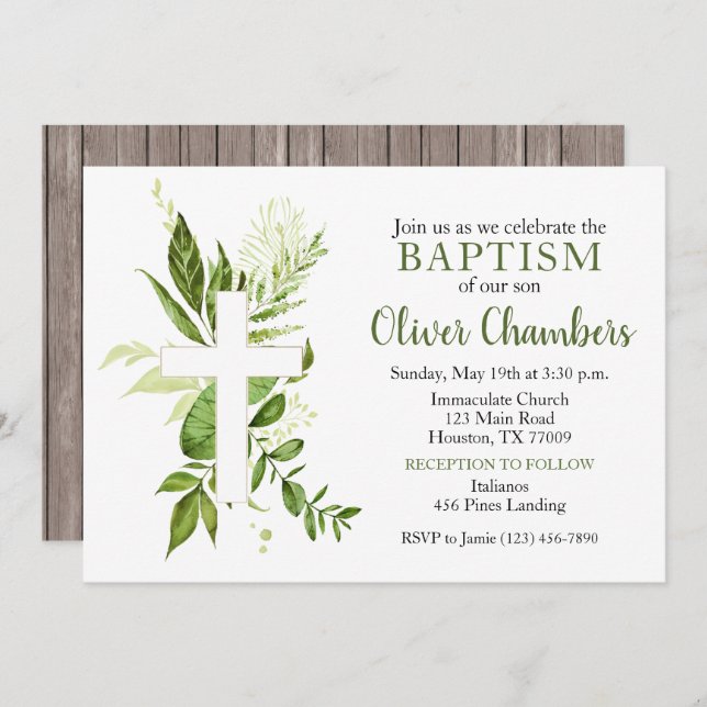 Convite Rustic Greenery Green Cross Boy Baptism (Frente/Verso)