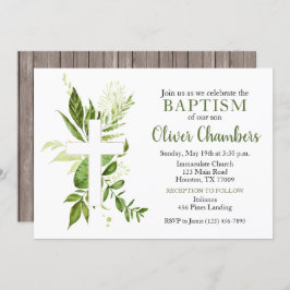 Convite Rustic Greenery Green Cross Boy Baptism