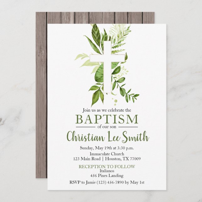 Convite Rustic Greenery Green Cross Boy Baptism (Frente/Verso)