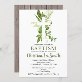 Convite Rustic Greenery Green Cross Boy Baptism