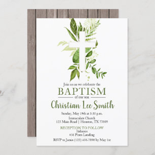 Convite Rustic Greenery Green Cross Boy Baptism