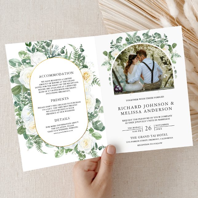 Convite Rustic Greenery Ivory Floral Photo QR Code Wedding (Criador carregado)