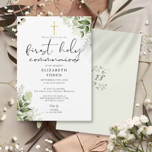Convite Rustic Greenery Monograma Primeira Comunhão Sagrad (Rustic Greenery Monogram First Holy Communion Invitation)