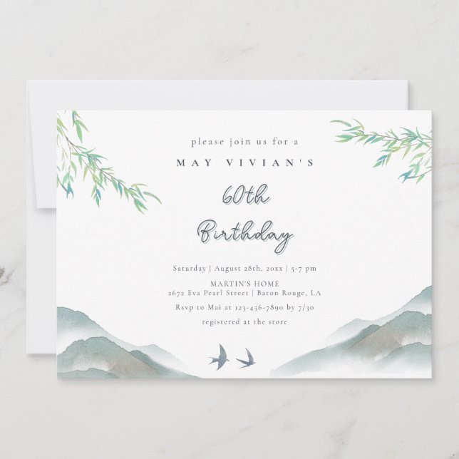 Convite Rustic Greenery Watercolor Mountain 60º Aniversári (Frente)