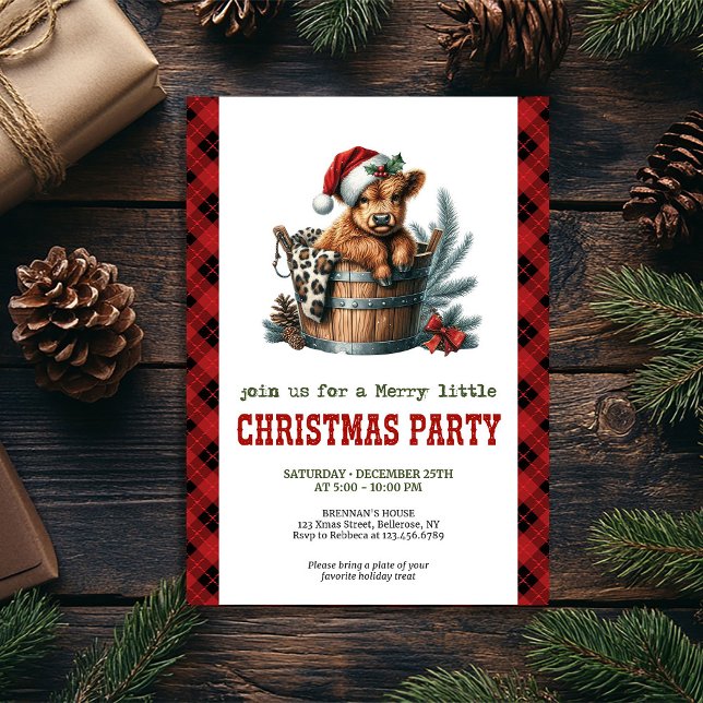 Convite Rustic highland cow Christmas party invitation (Rustic watercolor Highland cow Christmas invite, fully editable for your event.)