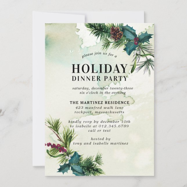 Convite Rustic Holly Watercolor Foliday Janto Party (Frente)