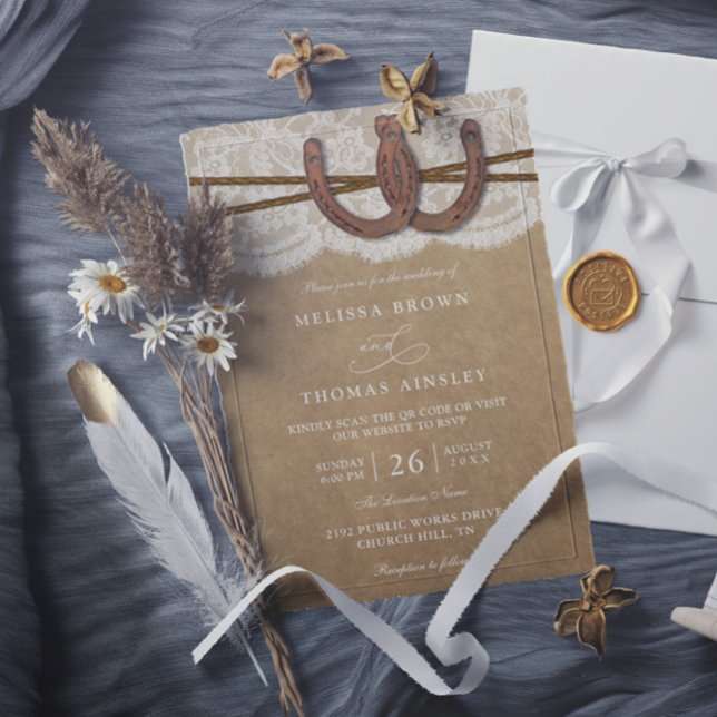 Convite Rustic Horseshoe On Kraft & Lace QR Code Wedding (Criador carregado)
