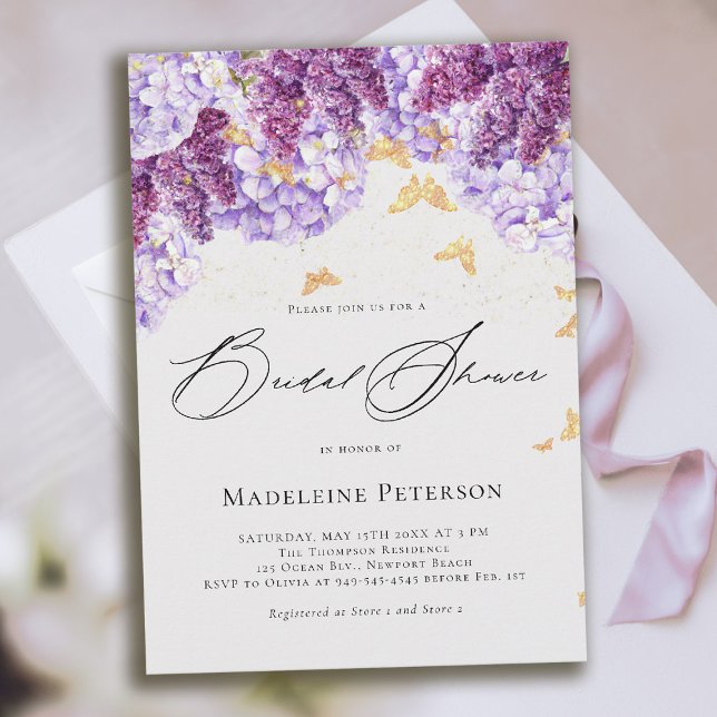 Convite Rustic Hydrangea Lilac Butterfly Bridal Shower (bridal shower invitation hydrangea lilac butterflies boho romantic purple gold pink)