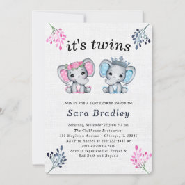 Convite Rustic It's Twins burlap elefant chá de fraldas