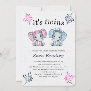 Convite Rustic It's Twins burlap elefant chá de fraldas