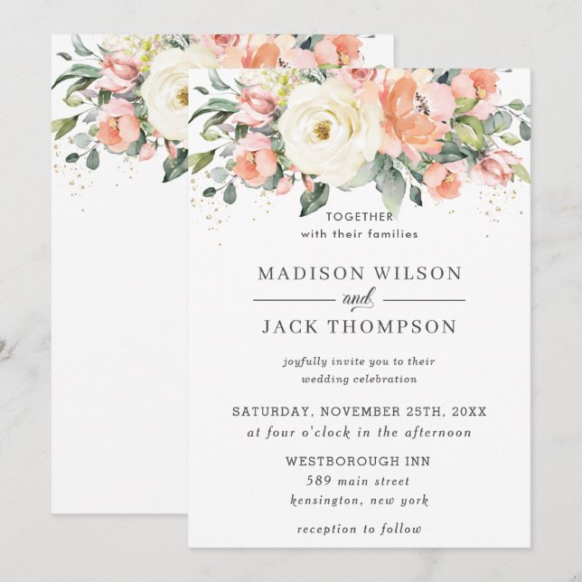 Convite Rustic Ivory Orange Peach Floral Greenery Casament (Frente/Verso)