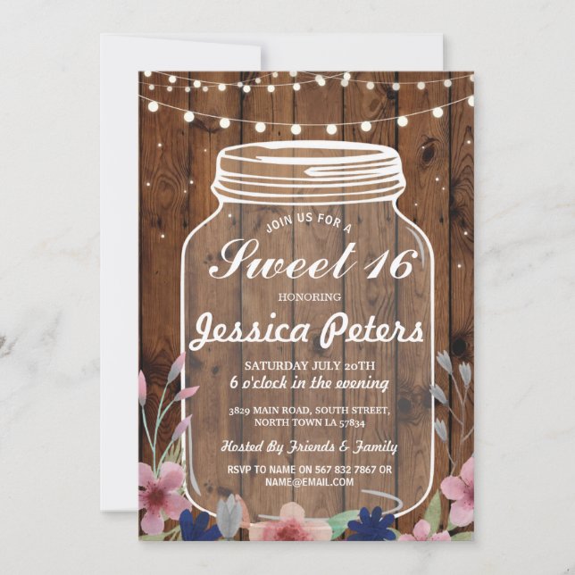Convite Rustic Jar Sweet 16 Party Wood Floral Invite (Frente)