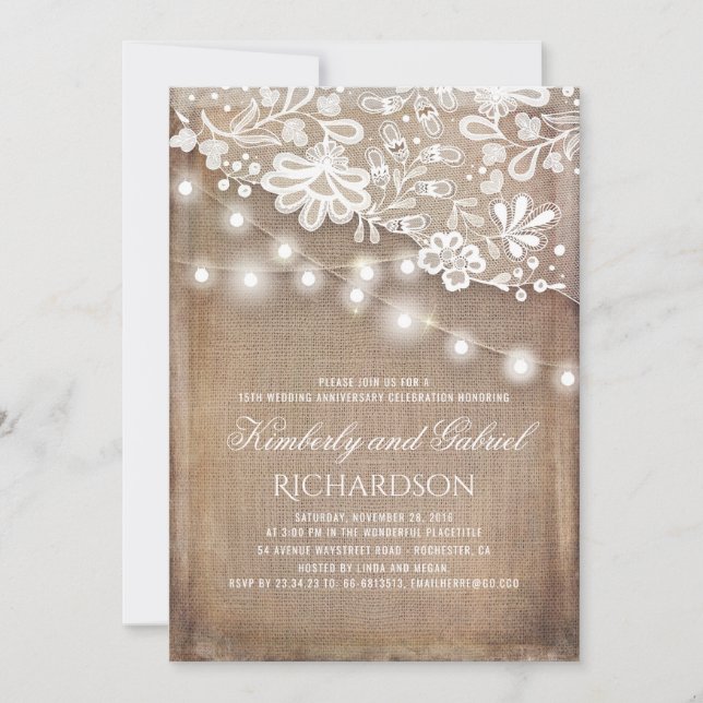 Convite Rustic Juta e Luzes de Renda Aniversário de Casame (Frente)