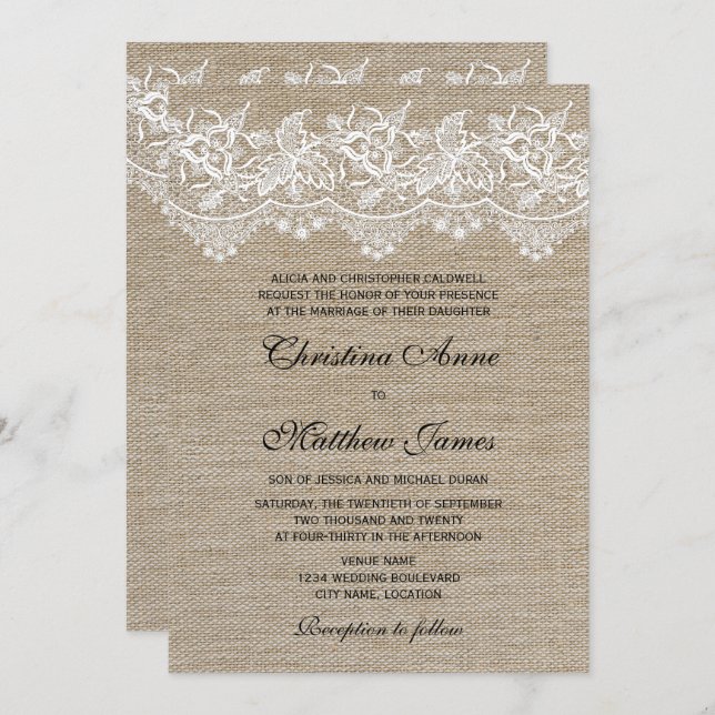Convite Rustic Jute and Lace Wedding (Frente/Verso)