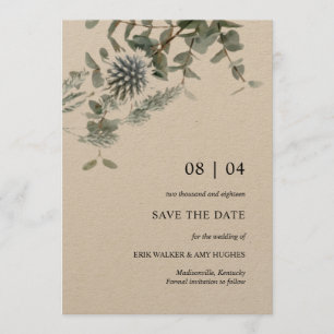 Convite Rustic Kraft Blue Thistle Floral Salvar a Data