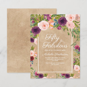Convite Rustic Kraft Boho Ameixa Bege Floral 50º Aniversár