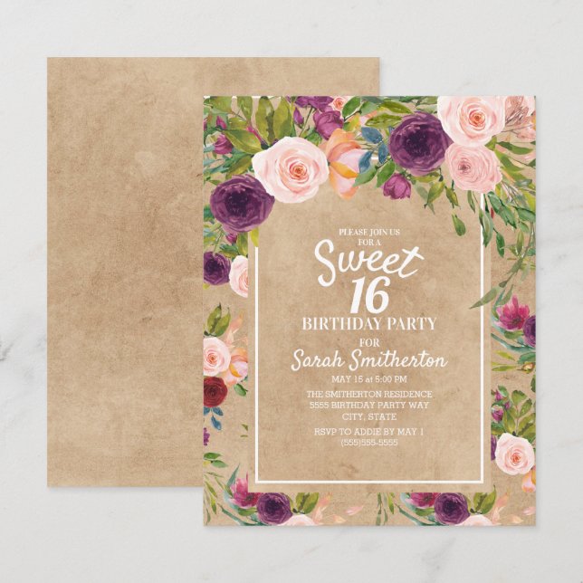 Convite Rustic Kraft Boho Ameixa Bege Floral Doce 16 (Frente/Verso)