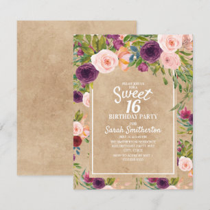 Convite Rustic Kraft Boho Ameixa Bege Floral Doce 16