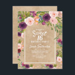 Convite Rustic Kraft Boho Plum Blush Floral Sweet 16<br><div class="desc">Linda ameixa púrpura e pincelada cor-de-rosa botânica rosa-d-água floral no papel kraft marrom-rústico Doce 16 convite de aniversário.</div>