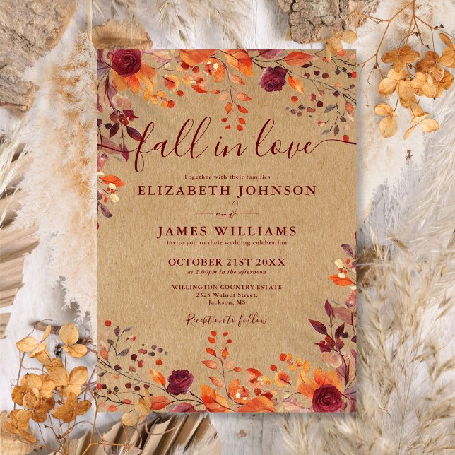 Convite Rustic Kraft Cai No Amor Autumn Floral Casamento (Rustic Kraft Fall In Love Autumn Floral Wedding Invitation)