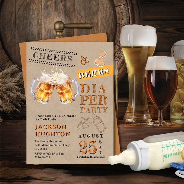 Convite Rustic Kraft Cheers & Beers Fralda Party (Rustic Kraft Cheers & Beers Diaper Party Invitation)