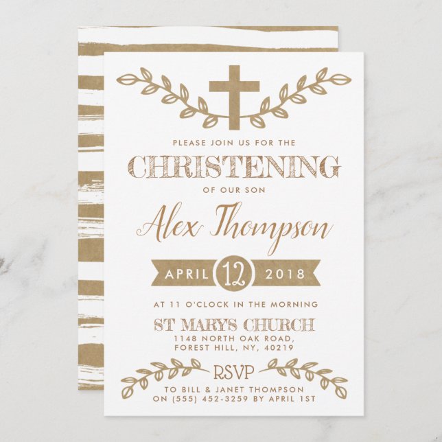 Convite Rustic Kraft Cross & Foliage Christening (Frente/Verso)
