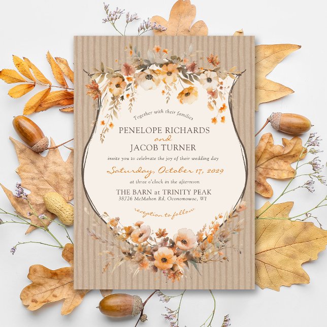Convite Rustic Kraft Fall Floral Autumn Leaf Brown Wedding (Criador carregado)