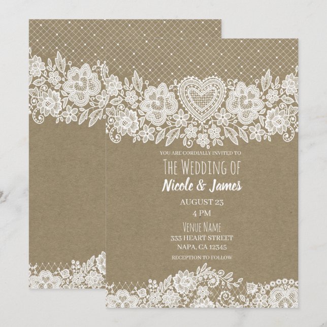 Convite Rustic Kraft & Lace Casamento no Celeiro da Fazend (Frente/Verso)