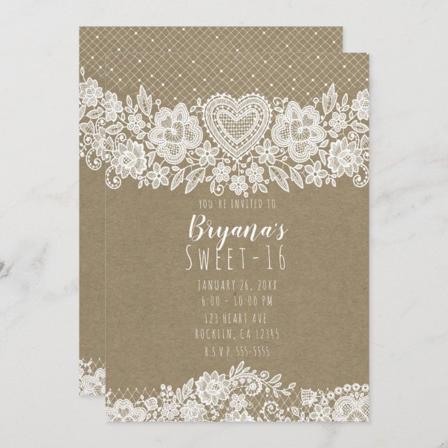 Convite Rustic Kraft Lace Farmhouse Sweet 16 Aniversário (Frente/Verso)