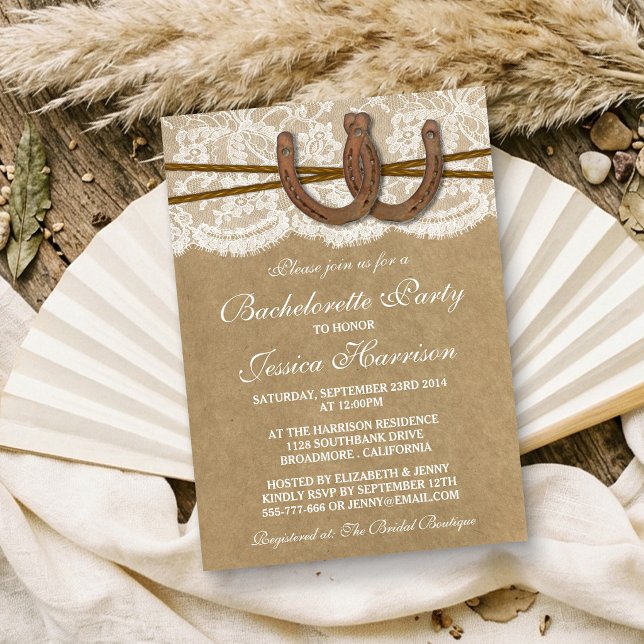 Convite Rustic Kraft & Lace Ferradura Despedida de Solteir (Criador carregado)