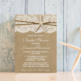 Convite Rustic Kraft, Lace & Starfish Chá de panela Praia